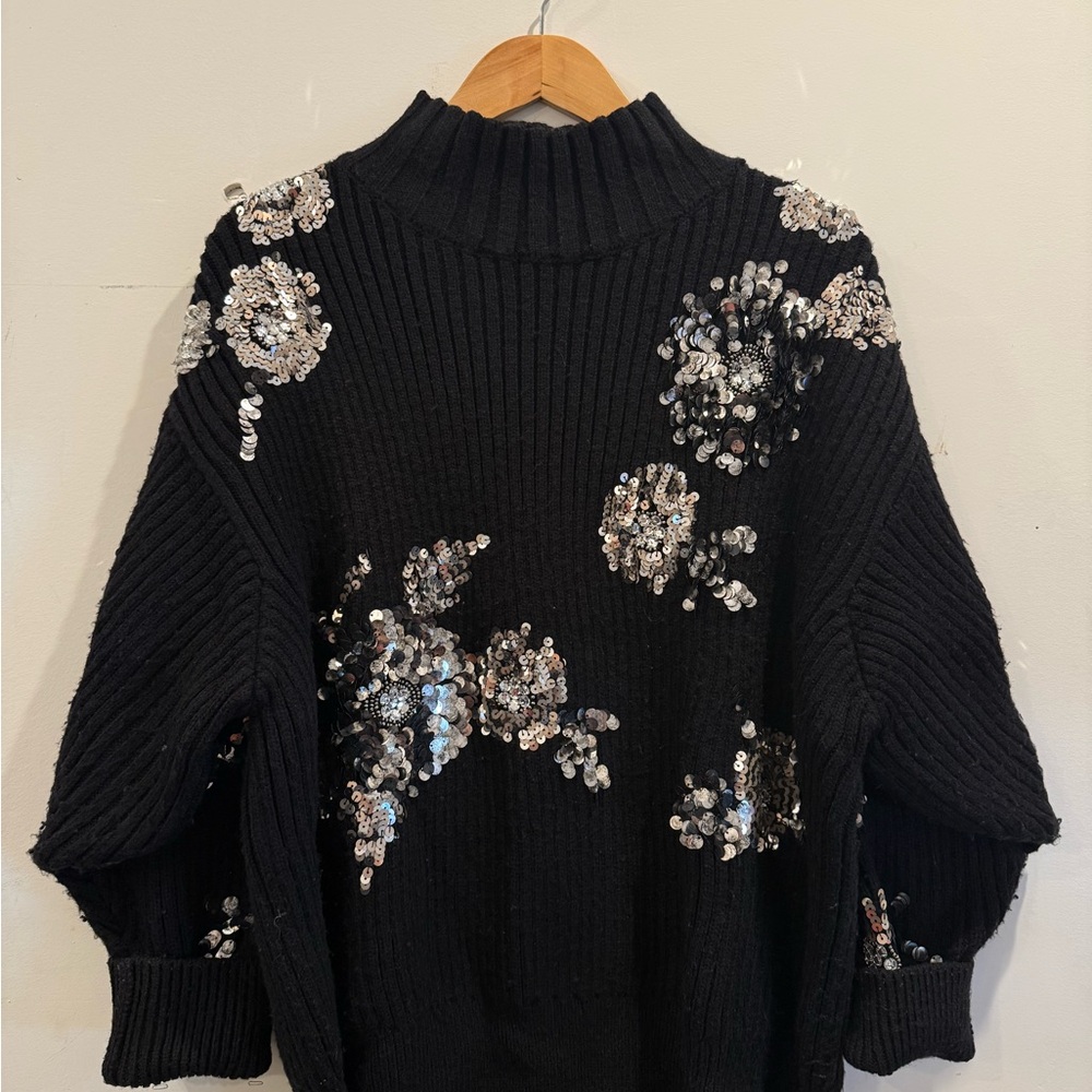 Zara Black Turtleneck Sweater with Silver Embellishments